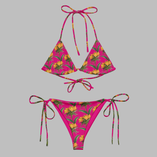 All - over print Women's string bikini,ear, White Pink Floral Bikini, Cute Summer Bikini - PratSN
