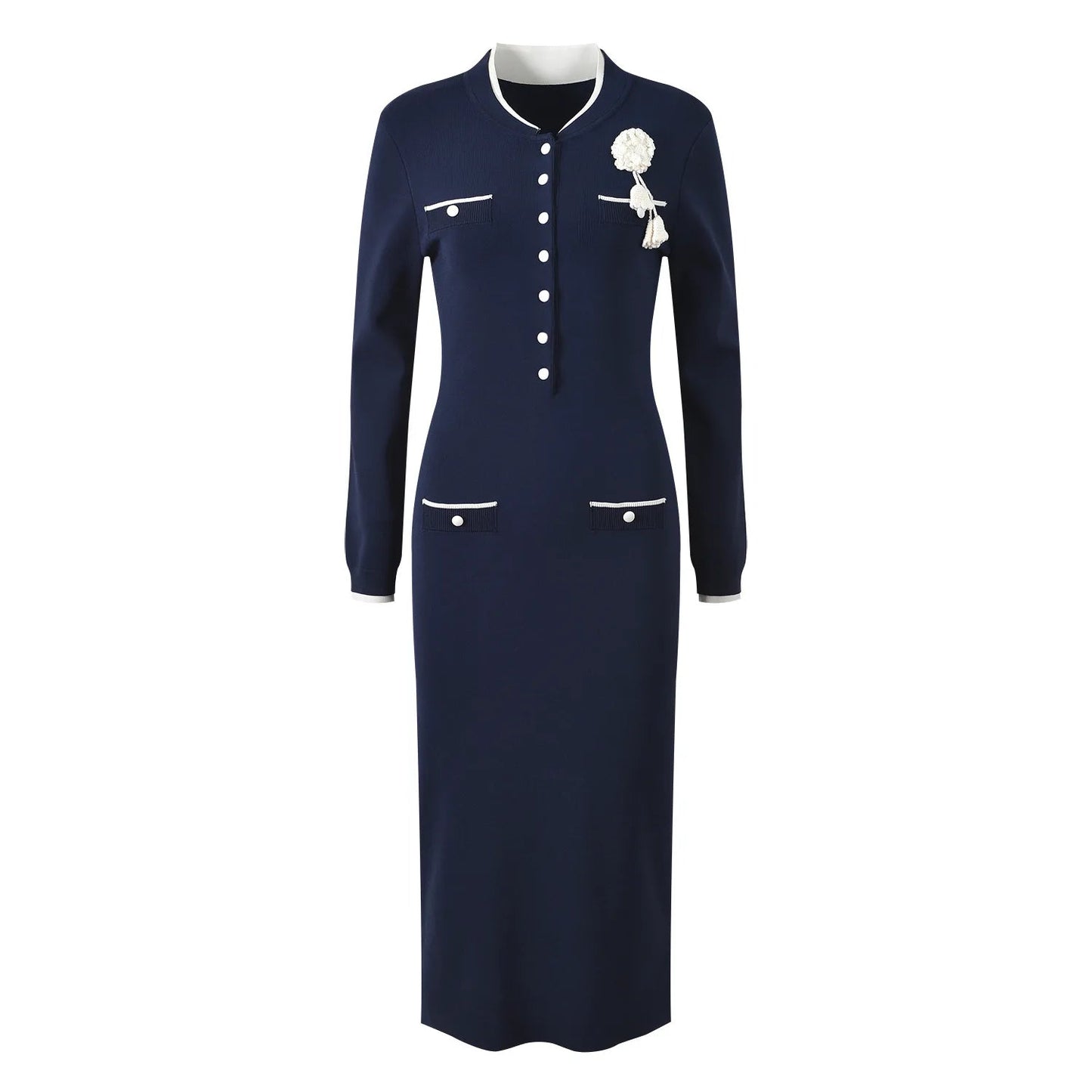 Autumn 2025 Lady Elegant Style Quality O - neck Long Sleeve Hook Flowers Wear Women Colorblock Knit Slim Fitted Midi Dress - PratSN