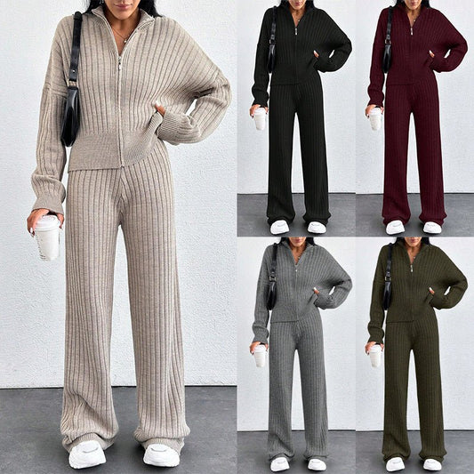 Autumn And Winter New European And American Women's Casual Loose Zip Top And Trousers Two - piece Set - PratSN