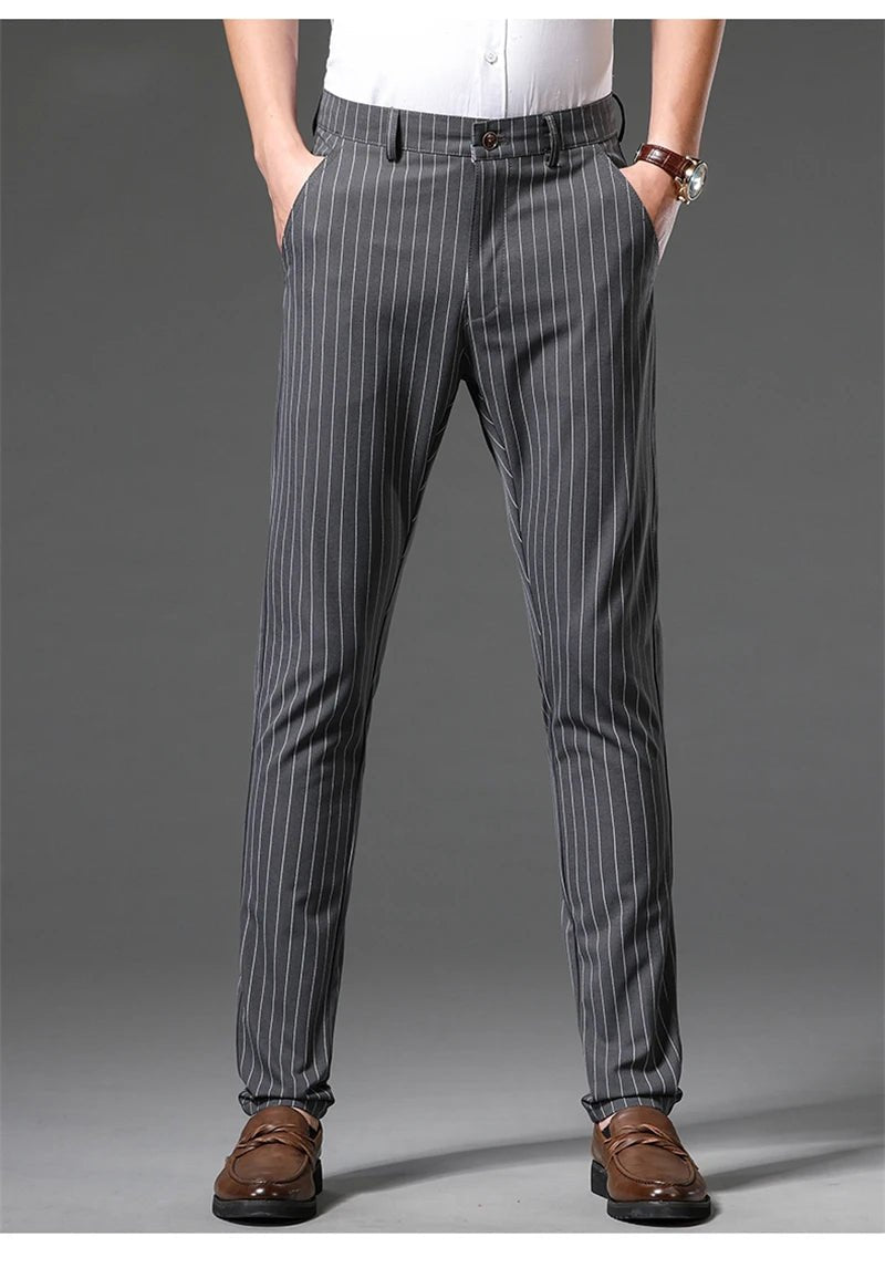 Autumn Stripe Trousers Men Formal Work Business Red Grey Blue Black Slim Fit Iron - free Office Luxury Suit Pants Male 30 - 38 - PratSN