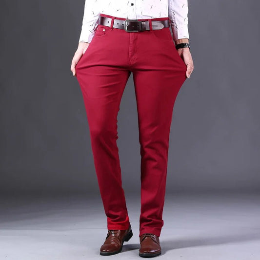 Autumn Wine Red Jeans Men Fashion Casual Classic Style Business Straight Fit Soft Trousers Male Advanced Pants - PratSN