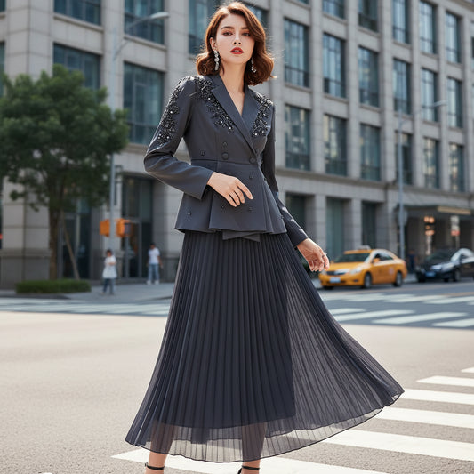 Autumn Winter 2025 New Casual Set Luxury Beading Flower Embroidery Long - sleeved Blazer + Pleated Skirt High Quality Suit - PratSN