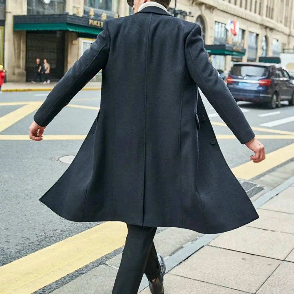 Autumn Winter Men Coat Solid Color Turn - down Collar Single - breasted Split Windbreaker Thick Straight Knee Length Male Coat - PratSN