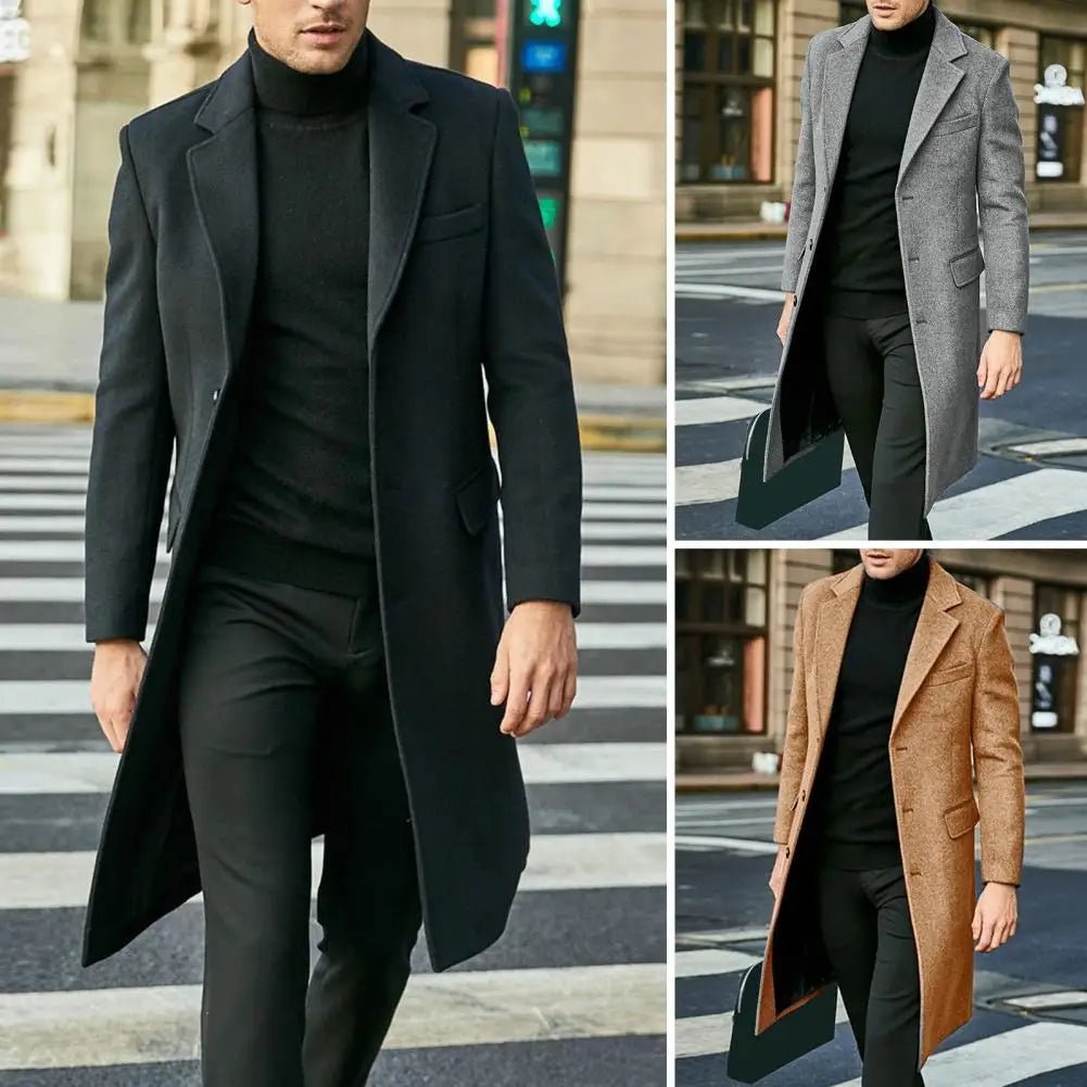 Autumn Winter Men Coat Solid Color Turn - down Collar Single - breasted Split Windbreaker Thick Straight Knee Length Male Coat - PratSN