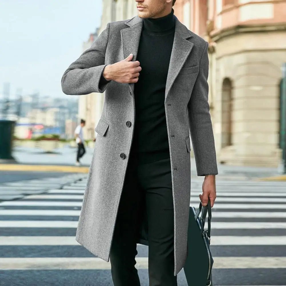 Autumn Winter Men Coat Solid Color Turn - down Collar Single - breasted Split Windbreaker Thick Straight Knee Length Male Coat - PratSN