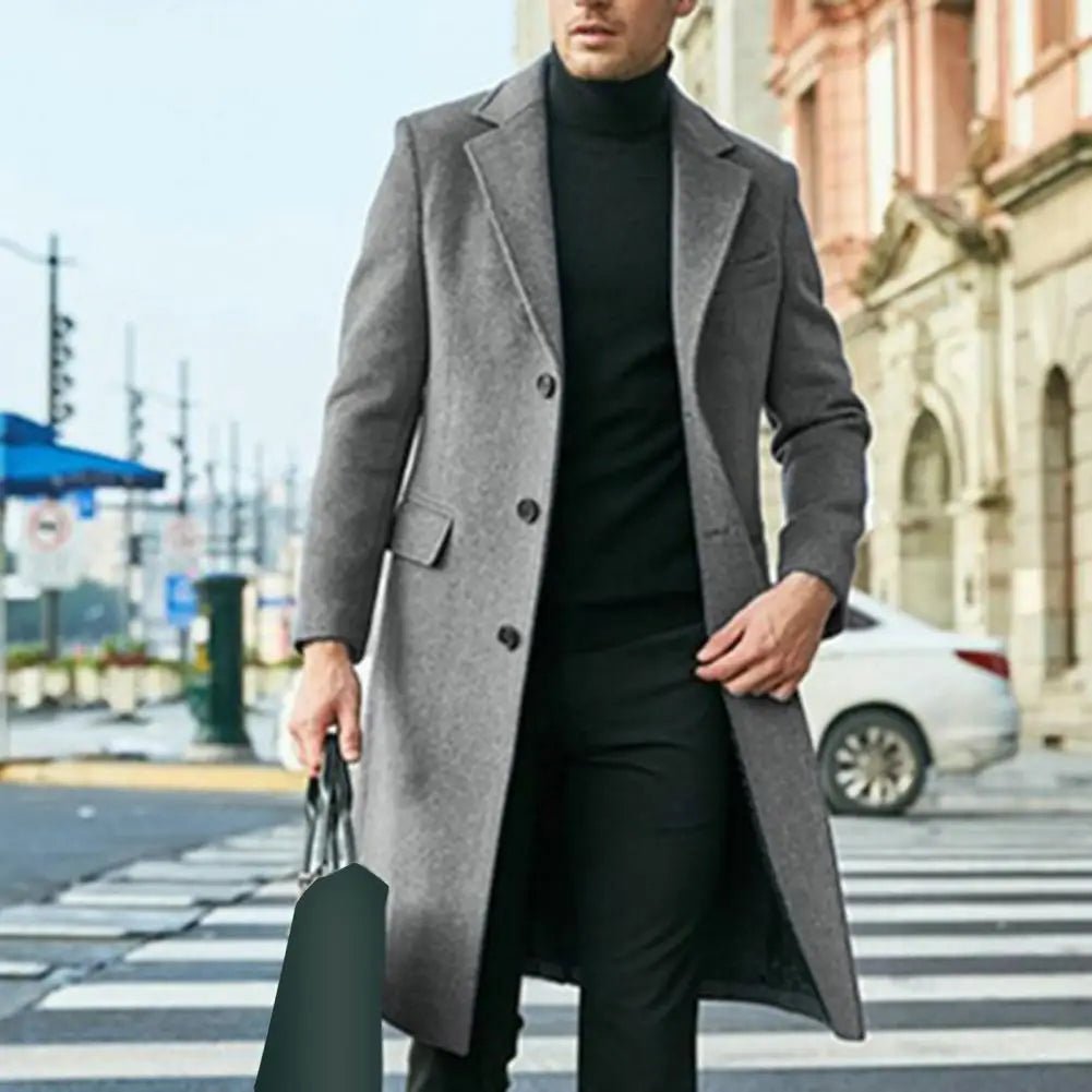 Autumn Winter Men Coat Solid Color Turn - down Collar Single - breasted Split Windbreaker Thick Straight Knee Length Male Coat - PratSN