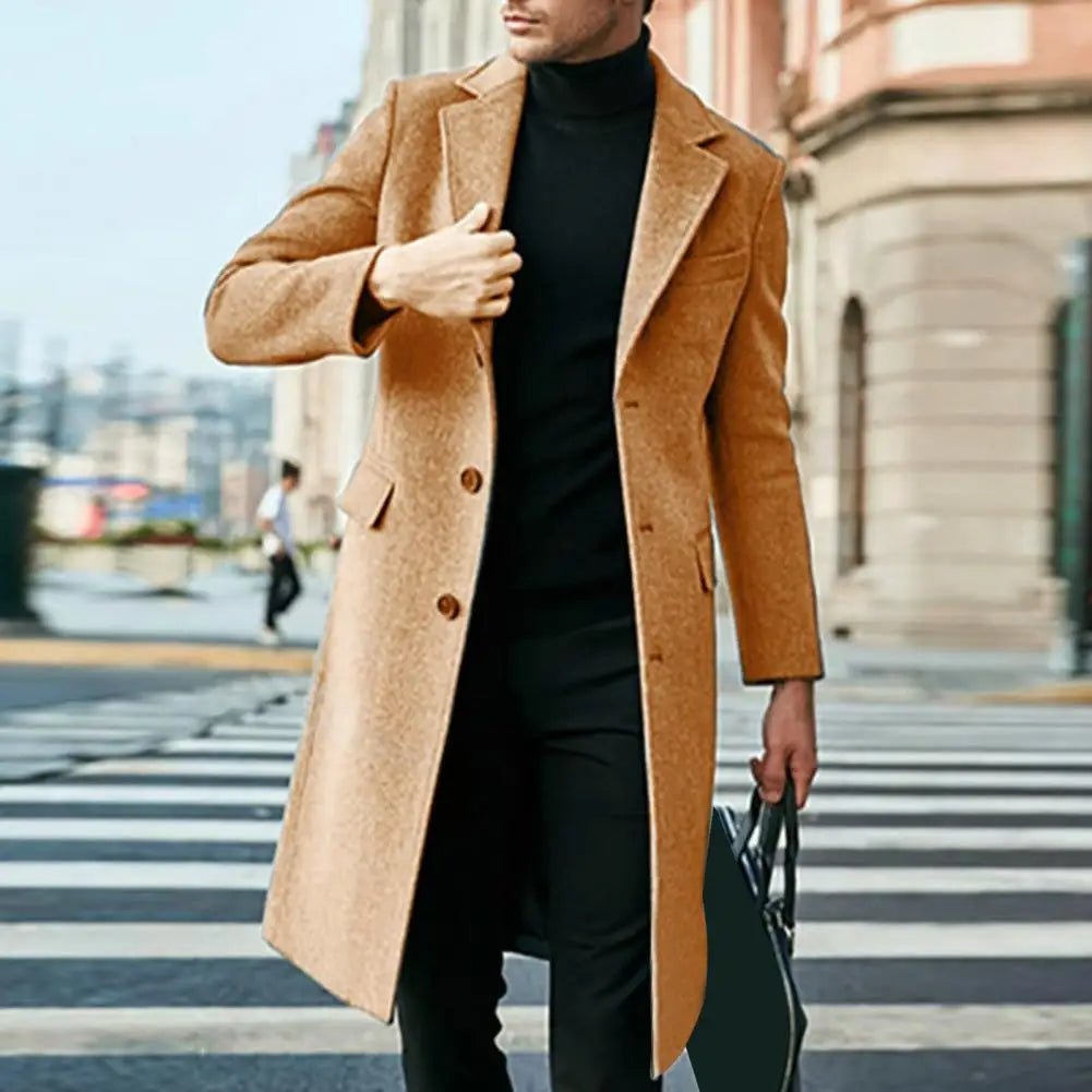 Autumn Winter Men Coat Solid Color Turn - down Collar Single - breasted Split Windbreaker Thick Straight Knee Length Male Coat - PratSN