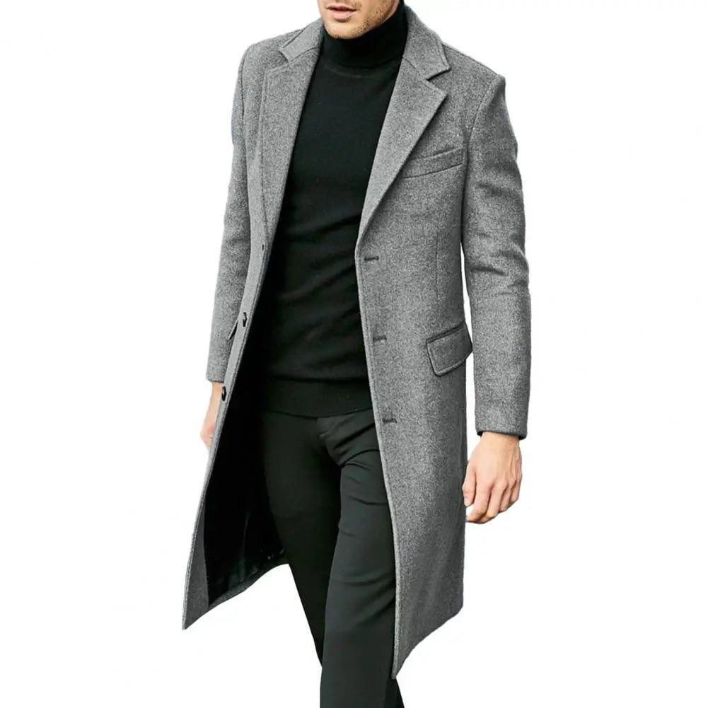 Autumn Winter Men Coat Solid Color Turn - down Collar Single - breasted Split Windbreaker Thick Straight Knee Length Male Coat - PratSN