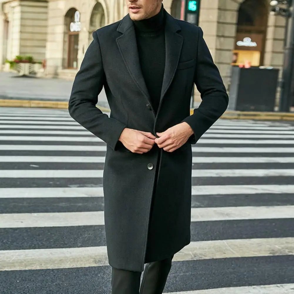 Autumn Winter Men Coat Solid Color Turn - down Collar Single - breasted Split Windbreaker Thick Straight Knee Length Male Coat - PratSN
