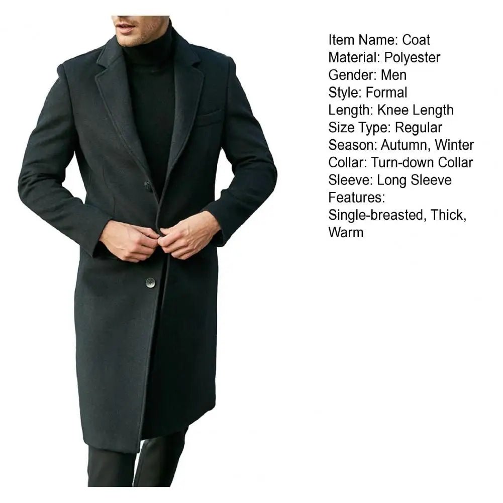 Autumn Winter Men Coat Solid Color Turn - down Collar Single - breasted Split Windbreaker Thick Straight Knee Length Male Coat - PratSN