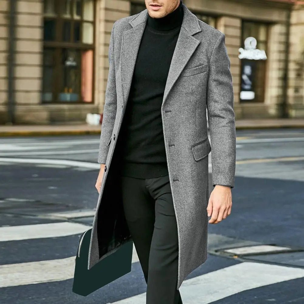 Autumn Winter Men Coat Solid Color Turn - down Collar Single - breasted Split Windbreaker Thick Straight Knee Length Male Coat - PratSN
