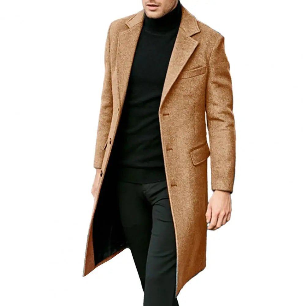 Autumn Winter Men Coat Solid Color Turn - down Collar Single - breasted Split Windbreaker Thick Straight Knee Length Male Coat - PratSN