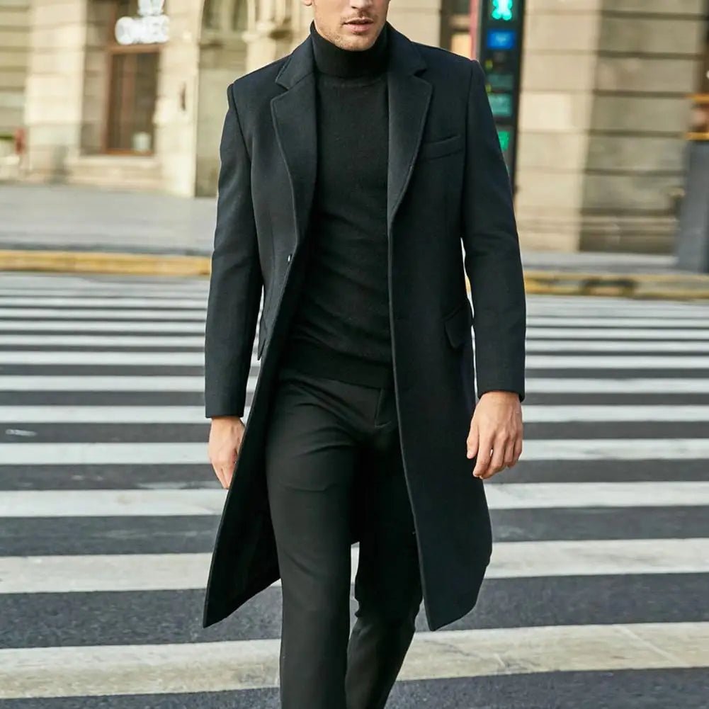 Autumn Winter Men Coat Solid Color Turn - down Collar Single - breasted Split Windbreaker Thick Straight Knee Length Male Coat - PratSN