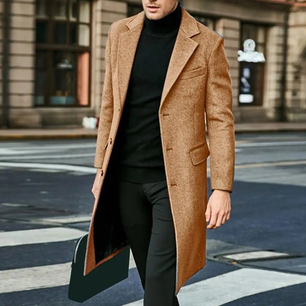 Autumn Winter Men Coat Solid Color Turn - down Collar Single - breasted Split Windbreaker Thick Straight Knee Length Male Coat - PratSN