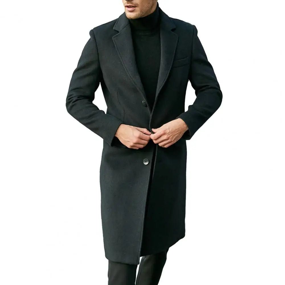 Autumn Winter Men Coat Solid Color Turn - down Collar Single - breasted Split Windbreaker Thick Straight Knee Length Male Coat - PratSN