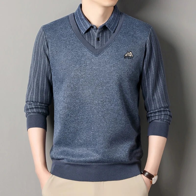 Autumn Winter Men's Fleece Pullover Men's Polo Collar Sweater Knitwear Classic Plaid Sweaters Thick Warm - PratSN