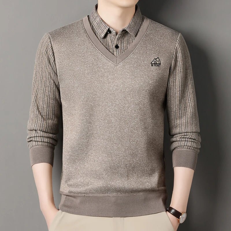 Autumn Winter Men's Fleece Pullover Men's Polo Collar Sweater Knitwear Classic Plaid Sweaters Thick Warm - PratSN