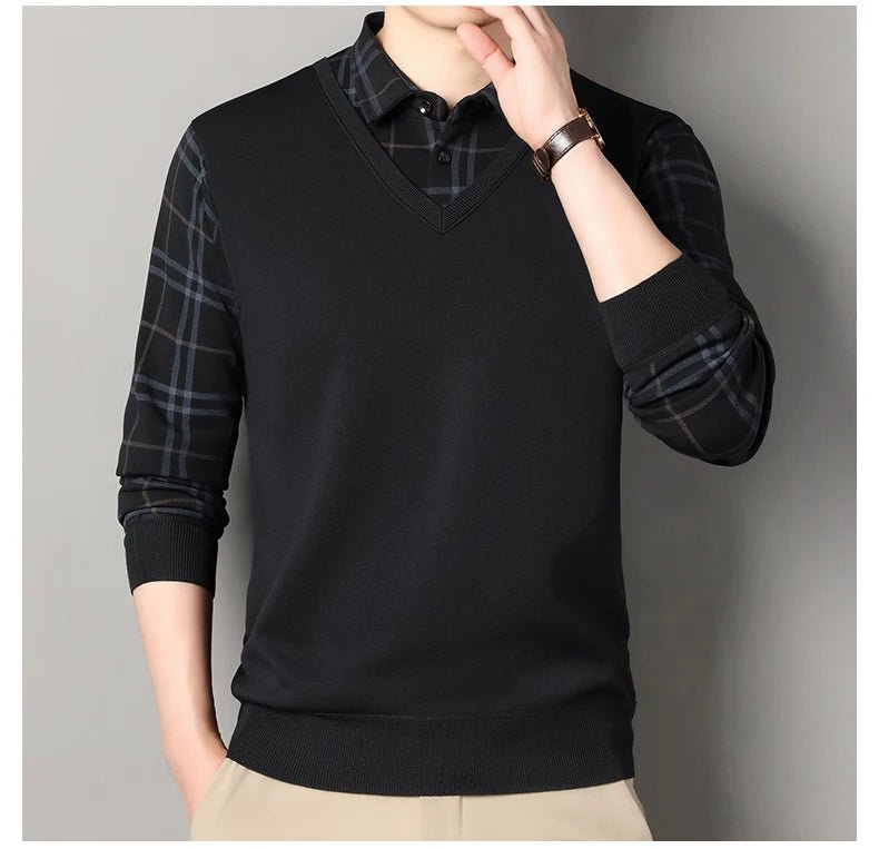 Autumn Winter Men's Fleece Pullover Men's Polo Collar Sweater Knitwear Classic Plaid Sweaters Thick Warm - PratSN