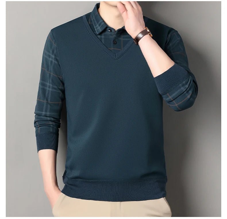 Autumn Winter Men's Fleece Pullover Men's Polo Collar Sweater Knitwear Classic Plaid Sweaters Thick Warm - PratSN