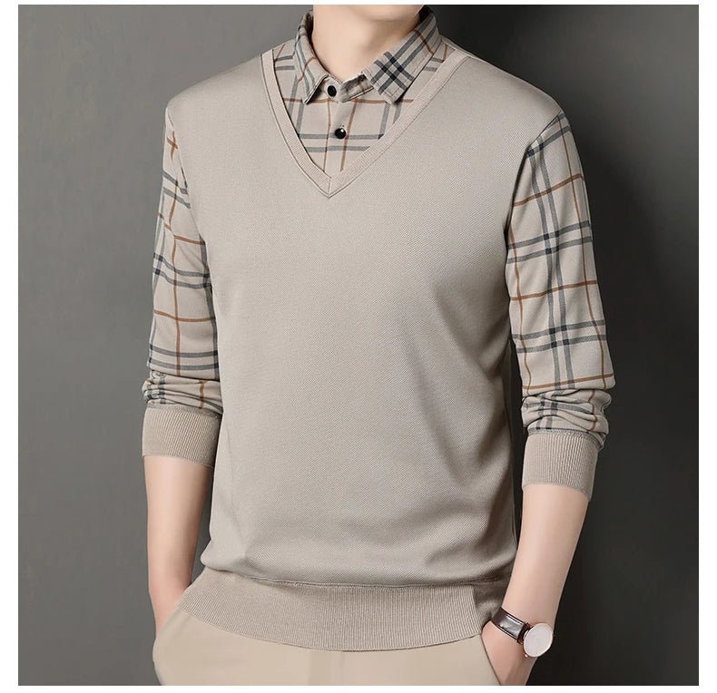 Autumn Winter Men's Fleece Pullover Men's Polo Collar Sweater Knitwear Classic Plaid Sweaters Thick Warm - PratSN