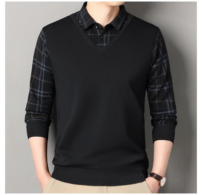 Autumn Winter Men's Fleece Pullover Men's Polo Collar Sweater Knitwear Classic Plaid Sweaters Thick Warm - PratSN
