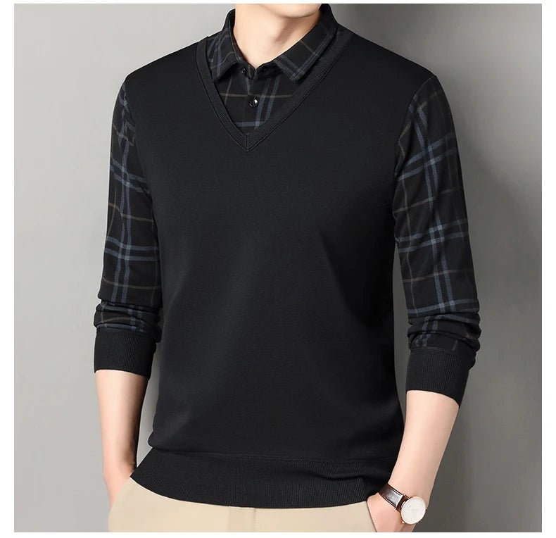 Autumn Winter Men's Fleece Pullover Men's Polo Collar Sweater Knitwear Classic Plaid Sweaters Thick Warm - PratSN