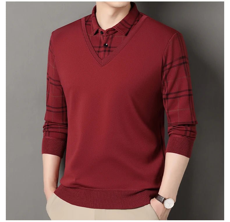 Autumn Winter Men's Fleece Pullover Men's Polo Collar Sweater Knitwear Classic Plaid Sweaters Thick Warm - PratSN