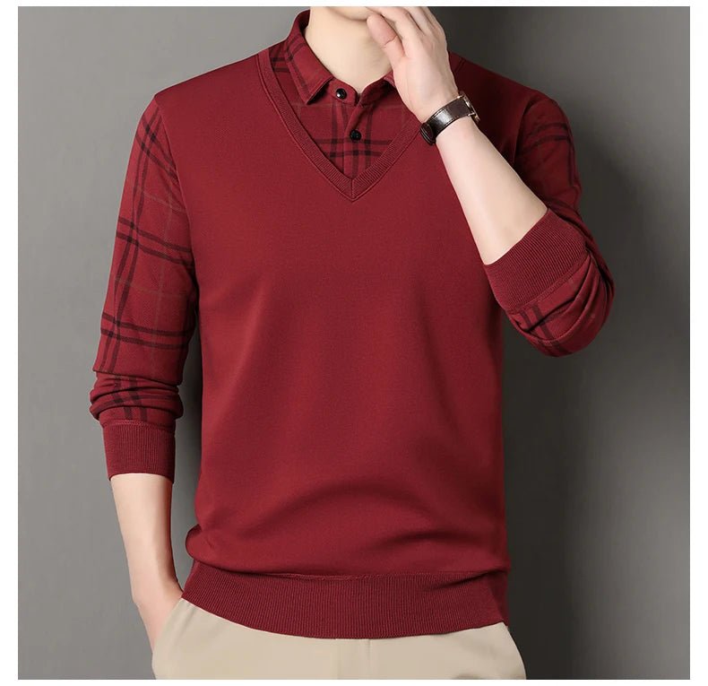 Autumn Winter Men's Fleece Pullover Men's Polo Collar Sweater Knitwear Classic Plaid Sweaters Thick Warm - PratSN