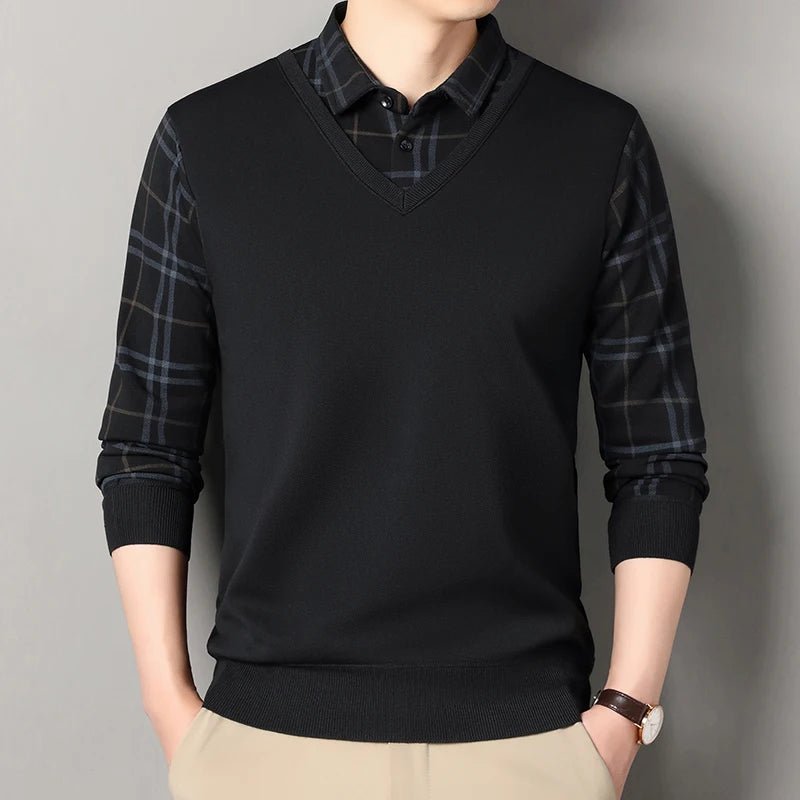 Autumn Winter Men's Fleece Pullover Men's Polo Collar Sweater Knitwear Classic Plaid Sweaters Thick Warm - PratSN