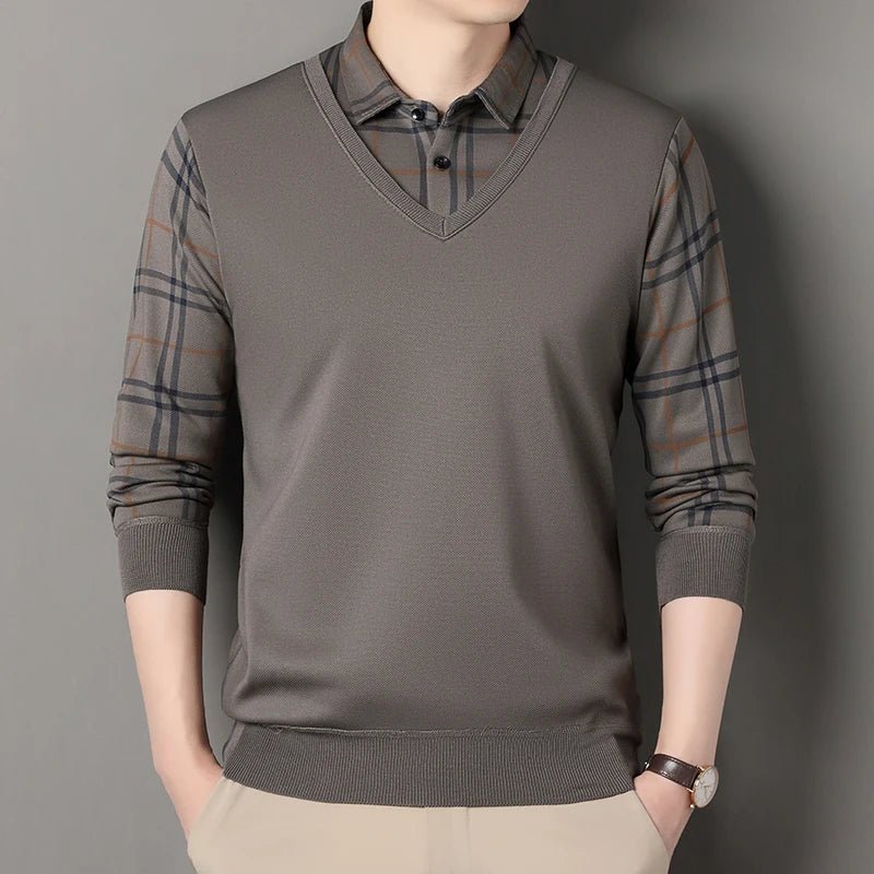 Autumn Winter Men's Fleece Pullover Men's Polo Collar Sweater Knitwear Classic Plaid Sweaters Thick Warm - PratSN
