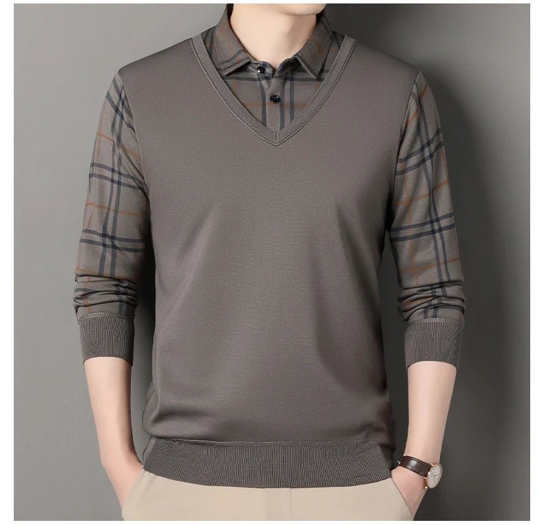 Autumn Winter Men's Fleece Pullover Men's Polo Collar Sweater Knitwear Classic Plaid Sweaters Thick Warm - PratSN