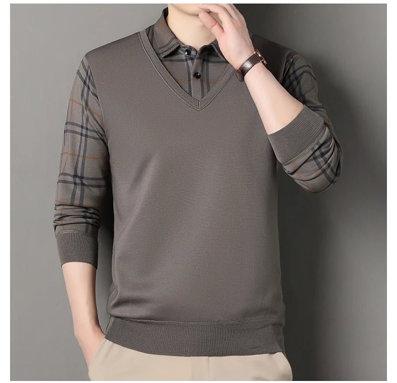 Autumn Winter Men's Fleece Pullover Men's Polo Collar Sweater Knitwear Classic Plaid Sweaters Thick Warm - PratSN
