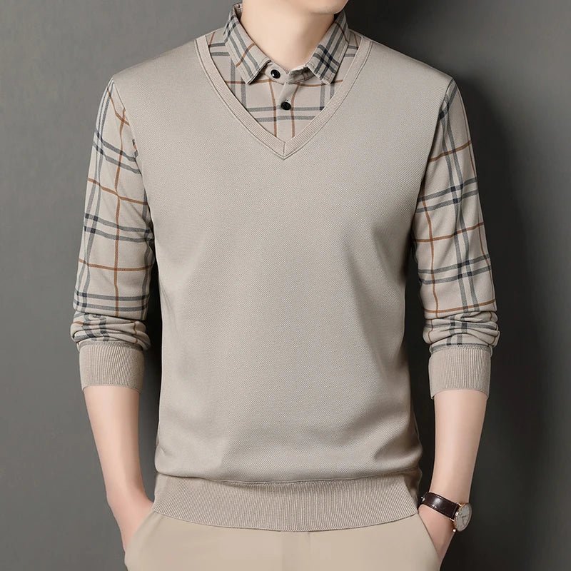 Autumn Winter Men's Fleece Pullover Men's Polo Collar Sweater Knitwear Classic Plaid Sweaters Thick Warm - PratSN