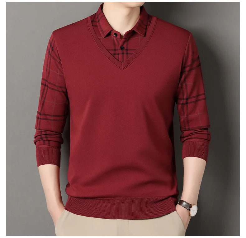 Autumn Winter Men's Fleece Pullover Men's Polo Collar Sweater Knitwear Classic Plaid Sweaters Thick Warm - PratSN
