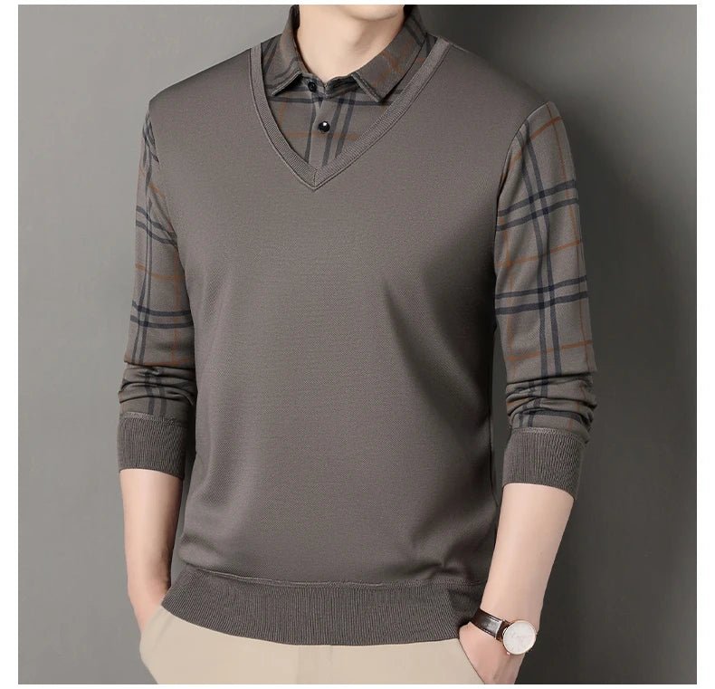 Autumn Winter Men's Fleece Pullover Men's Polo Collar Sweater Knitwear Classic Plaid Sweaters Thick Warm - PratSN