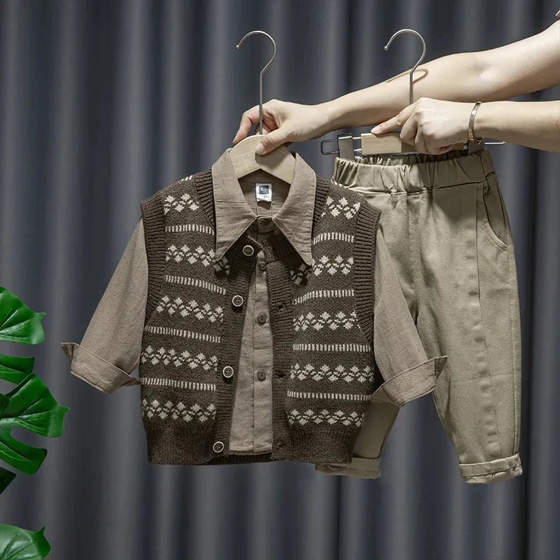 Baby Boy Clothing Suit 2024 Spring Autumn Knitted Sleeveless Sweater Vest + Shirts + Pants Boys Outfit Kids Set - PratSN
