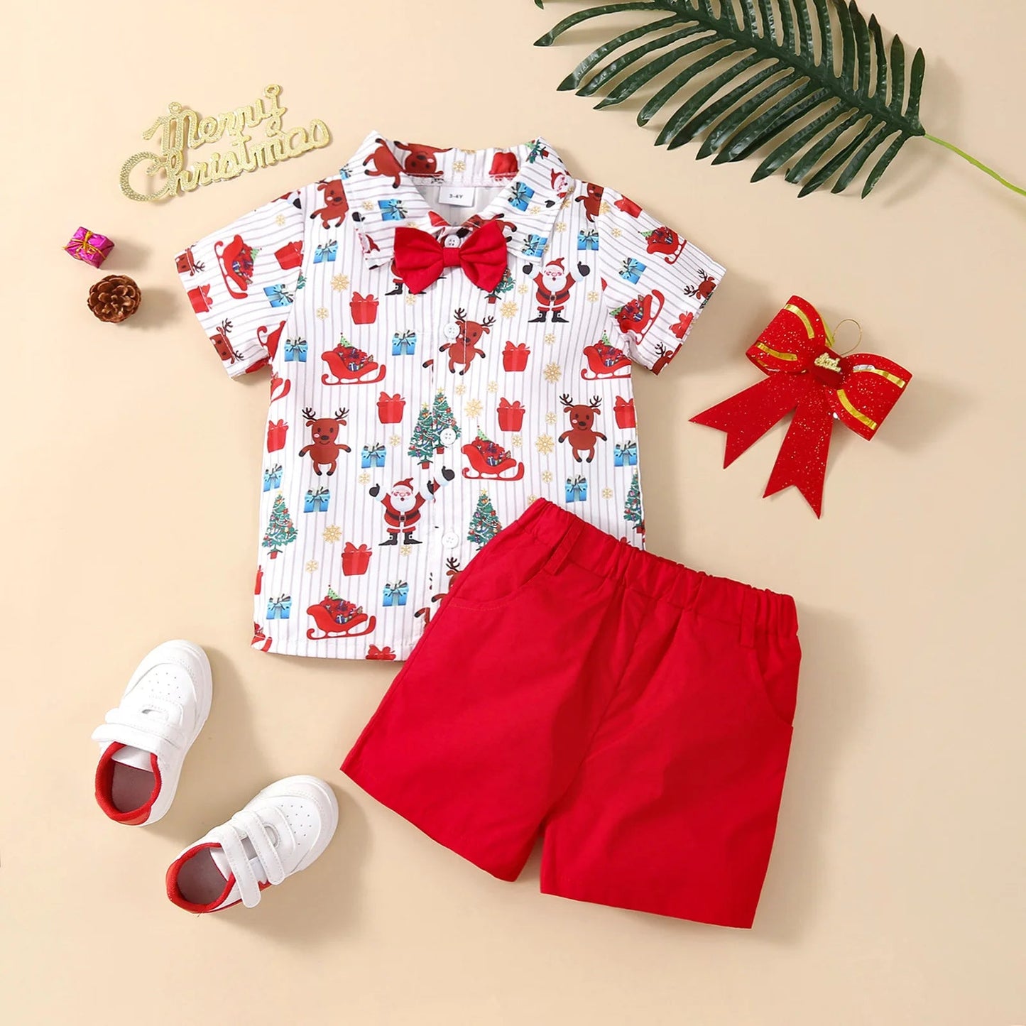 Baby Boys Christmas Outfits For Kids Summer Santa Claus Print Necktie Shorts and Red Shorts 2pcs New Year - PratSN