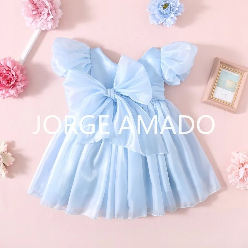 Baby Girl Summer Dress Short Puff Sleeves Large Bow Solid Round Neck Backless Princess Dresses Twins Daughter Clothing H0404 - PratSN