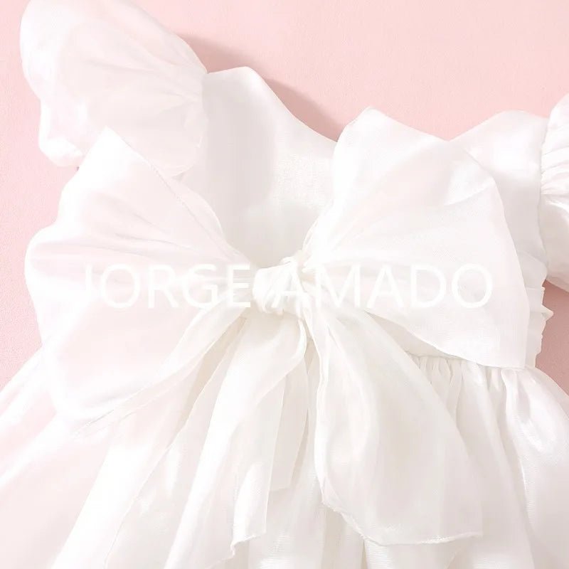 Baby Girl Summer Dress Short Puff Sleeves Large Bow Solid Round Neck Backless Princess Dresses Twins Daughter Clothing H0404 - PratSN