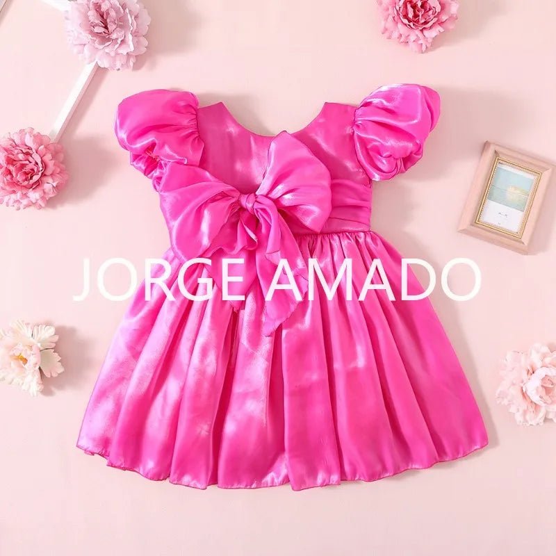 Baby Girl Summer Dress Short Puff Sleeves Large Bow Solid Round Neck Backless Princess Dresses Twins Daughter Clothing H0404 - PratSN