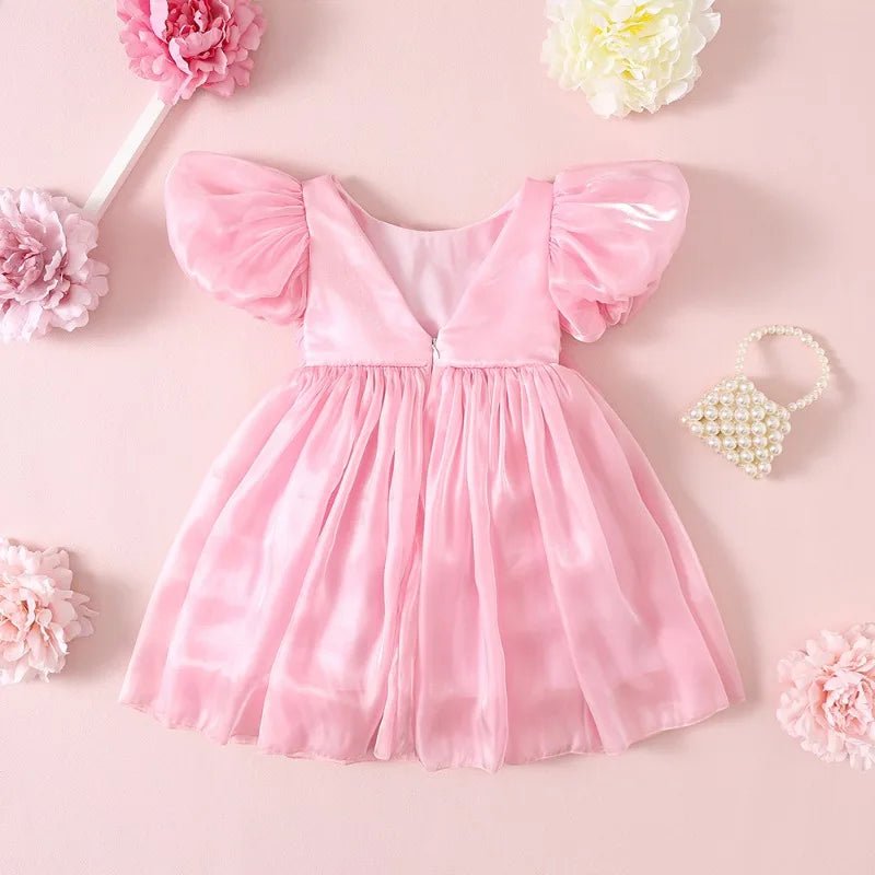 Baby Girl Summer Dress Short Puff Sleeves Large Bow Solid Round Neck Backless Princess Dresses Twins Daughter Clothing H0404 - PratSN