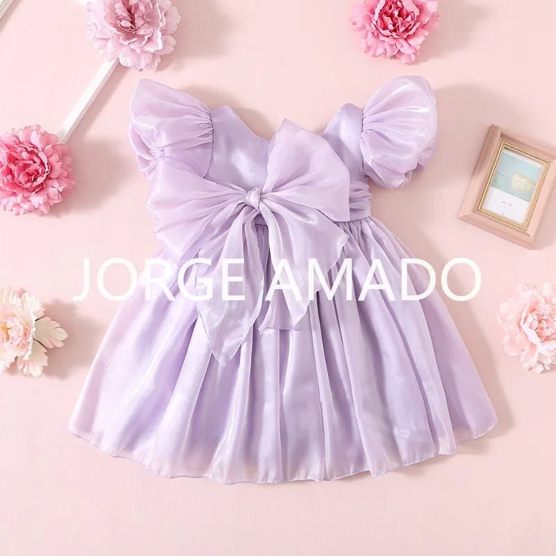 Baby Girl Summer Dress Short Puff Sleeves Large Bow Solid Round Neck Backless Princess Dresses Twins Daughter Clothing H0404 - PratSN