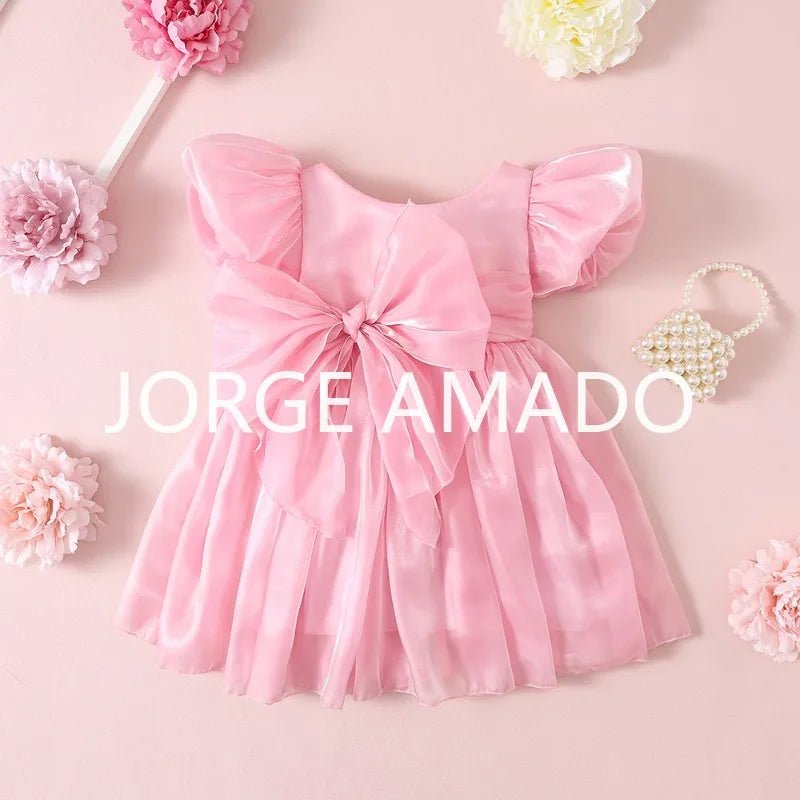 Baby Girl Summer Dress Short Puff Sleeves Large Bow Solid Round Neck Backless Princess Dresses Twins Daughter Clothing H0404 - PratSN