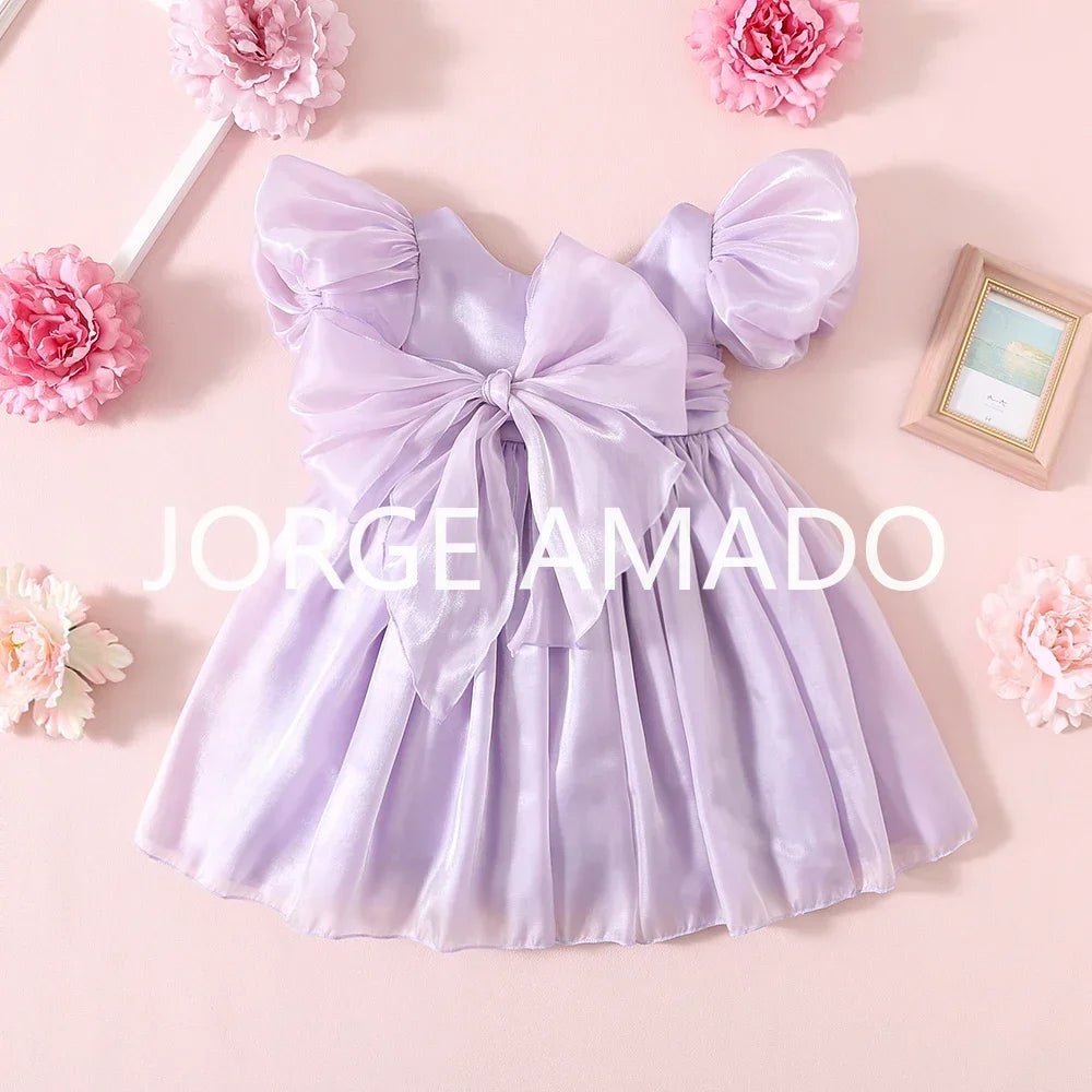 Baby Girl Summer Dress Short Puff Sleeves Large Bow Solid Round Neck Backless Princess Dresses Twins Daughter Clothing H0404 - PratSN