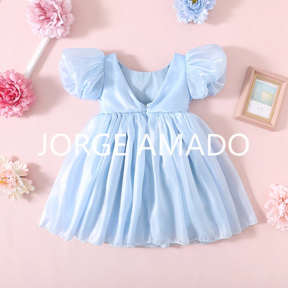 Baby Girl Summer Dress Short Puff Sleeves Large Bow Solid Round Neck Backless Princess Dresses Twins Daughter Clothing H0404 - PratSN