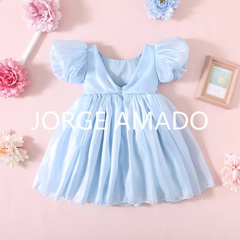Baby Girl Summer Dress Short Puff Sleeves Large Bow Solid Round Neck Backless Princess Dresses Twins Daughter Clothing H0404 - PratSN