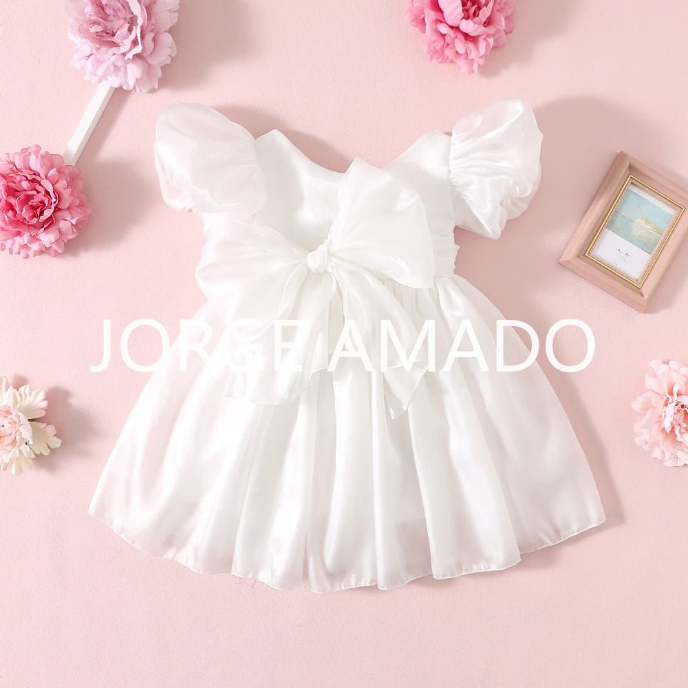Baby Girl Summer Dress Short Puff Sleeves Large Bow Solid Round Neck Backless Princess Dresses Twins Daughter Clothing H0404 - PratSN