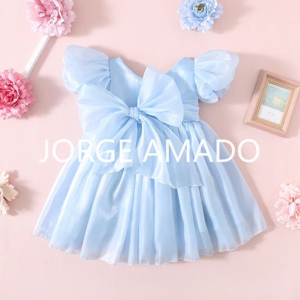 Baby Girl Summer Dress Short Puff Sleeves Large Bow Solid Round Neck Backless Princess Dresses Twins Daughter Clothing H0404 - PratSN