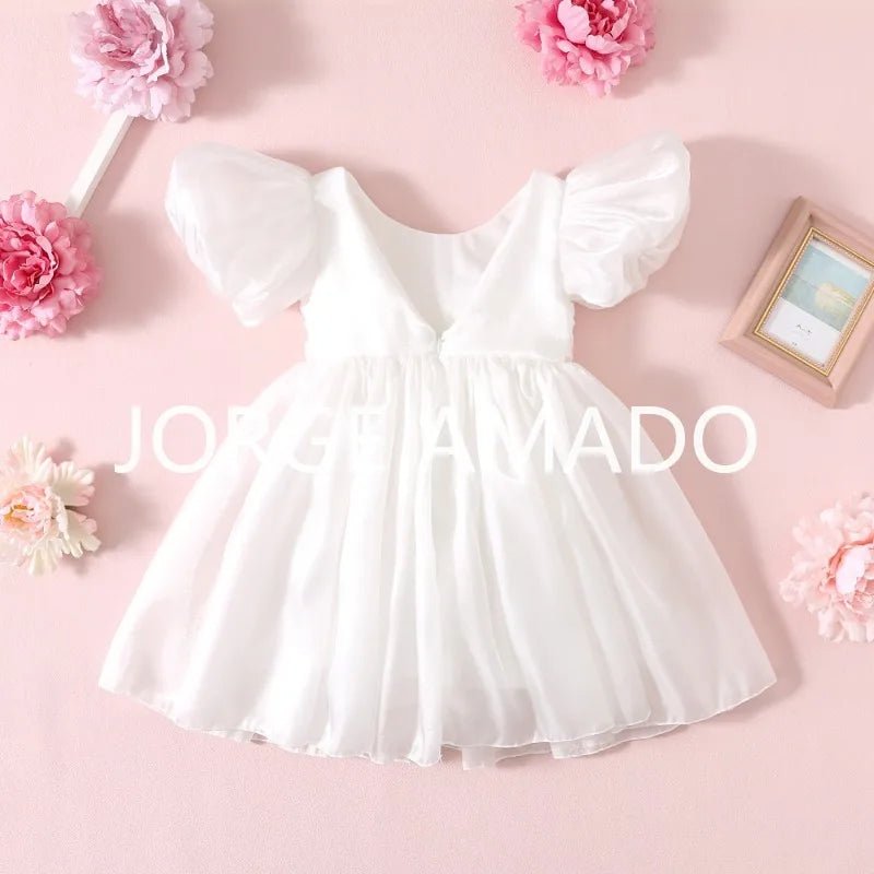 Baby Girl Summer Dress Short Puff Sleeves Large Bow Solid Round Neck Backless Princess Dresses Twins Daughter Clothing H0404 - PratSN