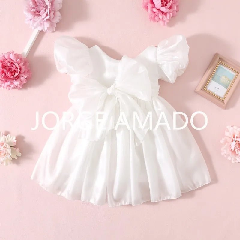 Baby Girl Summer Dress Short Puff Sleeves Large Bow Solid Round Neck Backless Princess Dresses Twins Daughter Clothing H0404 - PratSN